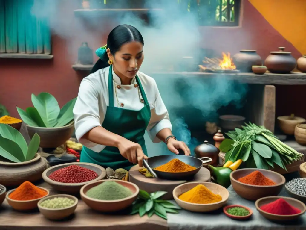 Un chef maya preparando recetas tradicionales gastronomía maya en una cocina colorida y auténtica