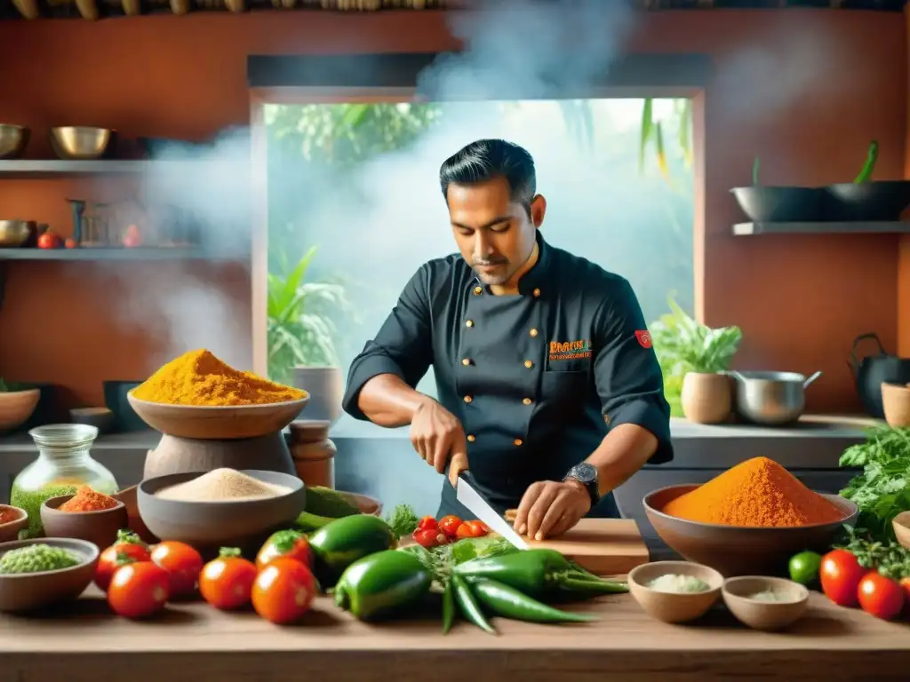 Chef maya preparando salsa picante con tomate, chile habanero y cilantro en cocina tradicional