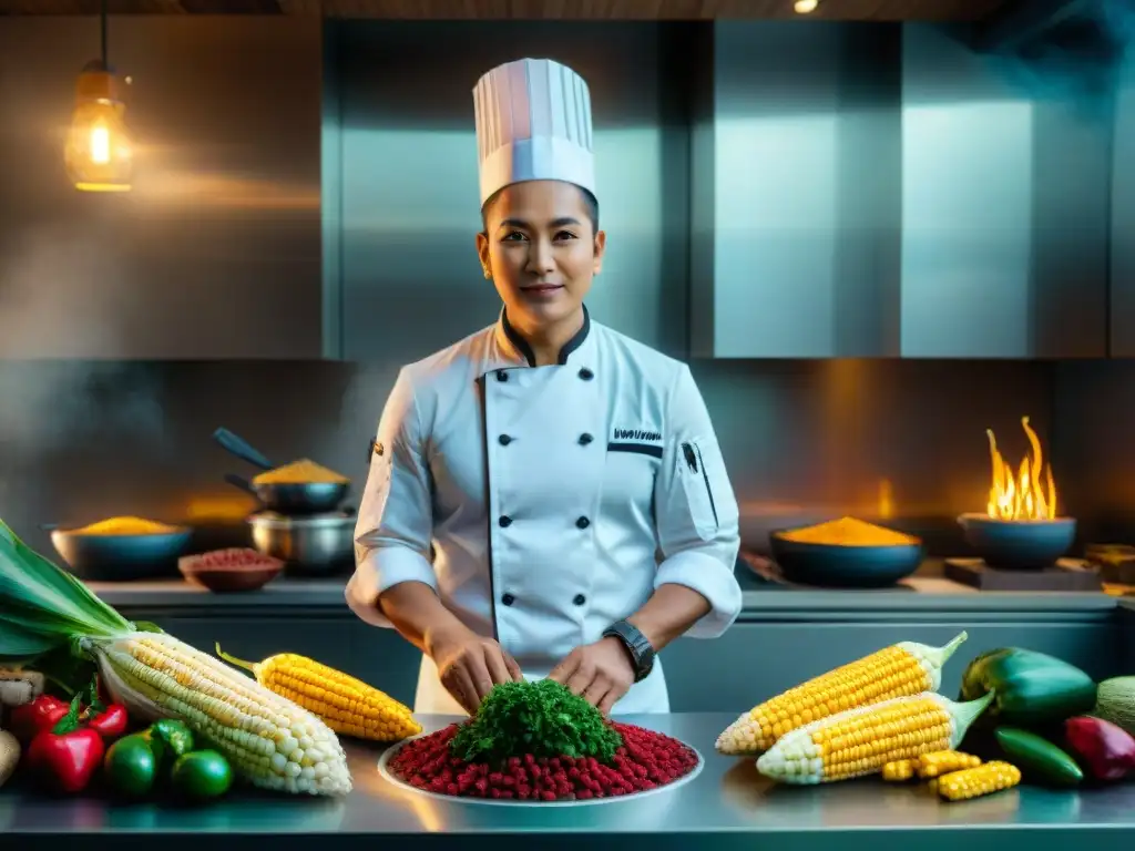 Cocina Maya: Tradición e Innovación en un Plato Contemporáneo Un chef moderno preparando platos inspirados en la dieta de los dioses mayas, con ingredientes vibrantes y hieroglíficos integrados en la cocina