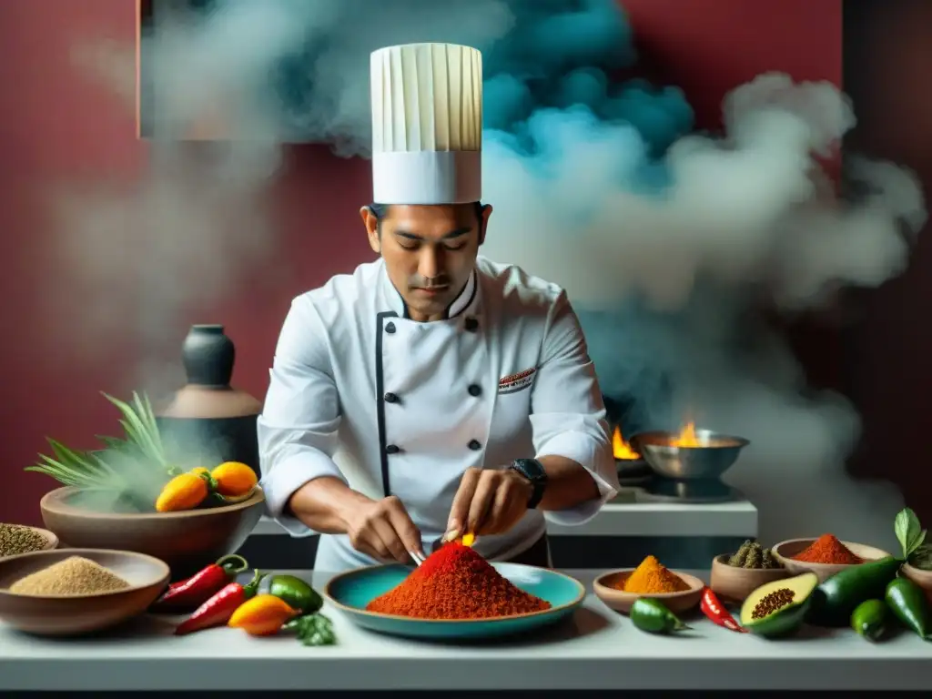 Chef moderno preparando receta dieta ritual maya con ingredientes tradicionales y técnicas contemporáneas en cocina elegante