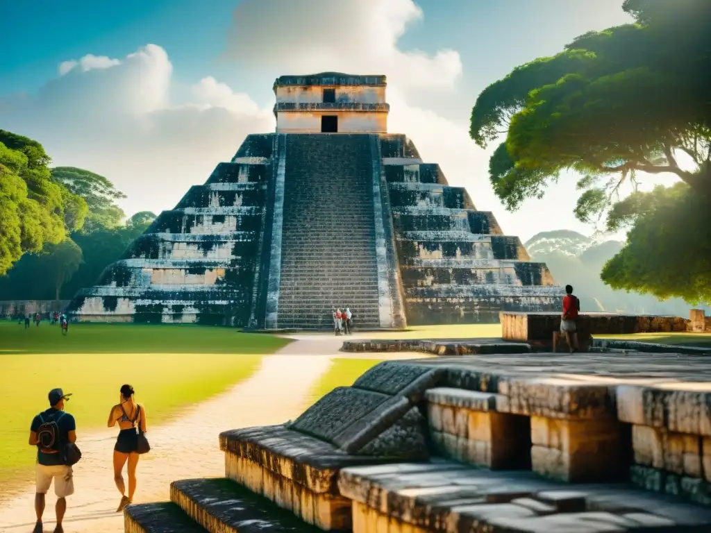 Explorando Chichen Itza con una app de turismo cultural mayas, resaltando sus detalles arquitectónicos y habilidades mayas