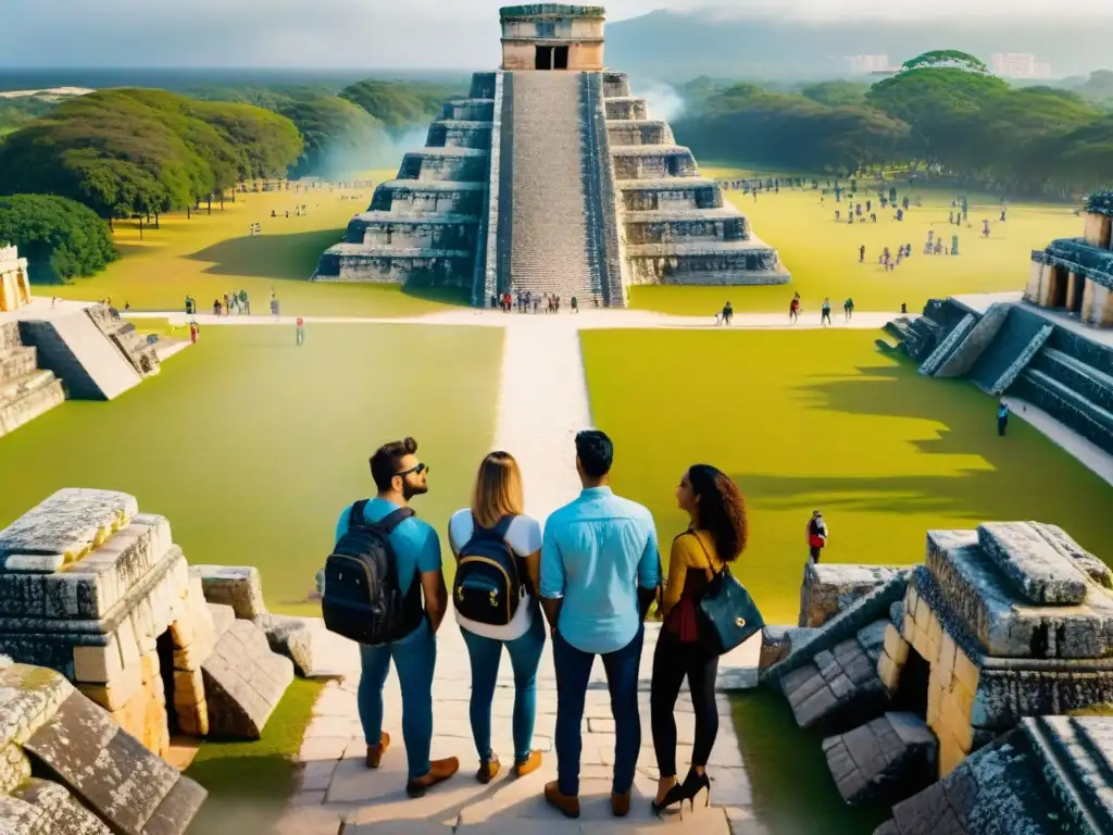 Explorando Chichén Itzá con apps de realidad aumentada, turistas fascinados interactúan con elementos virtuales en ruinas ancestrales