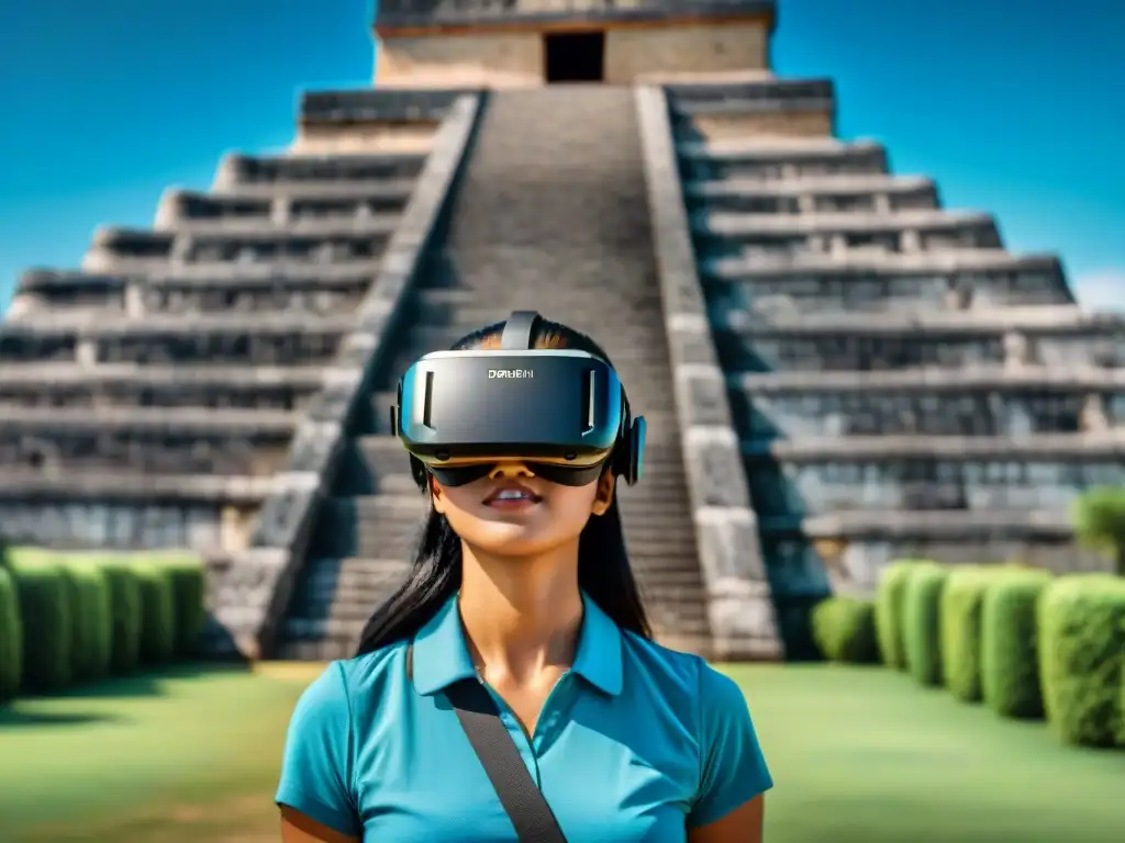 Descubre Chichén Itzá en realidad virtual para explorar sus maravillas antiguas bajo un cielo azul y exuberante vegetación