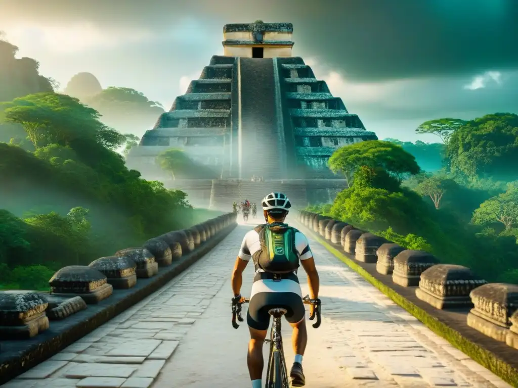 Exploración virtual: Ciclista en Ruinas Mayas de Coba Un ciclista de realidad virtual explorando las ruinas mayas de Coba, con la pirámide de fondo