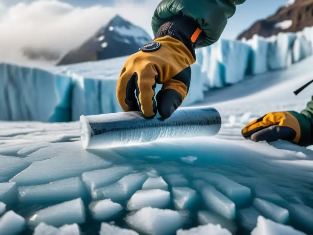 Un científico extrae con cuidado un núcleo de hielo de un glaciar, revelando capas de hielo que representan diferentes períodos en el tiempo