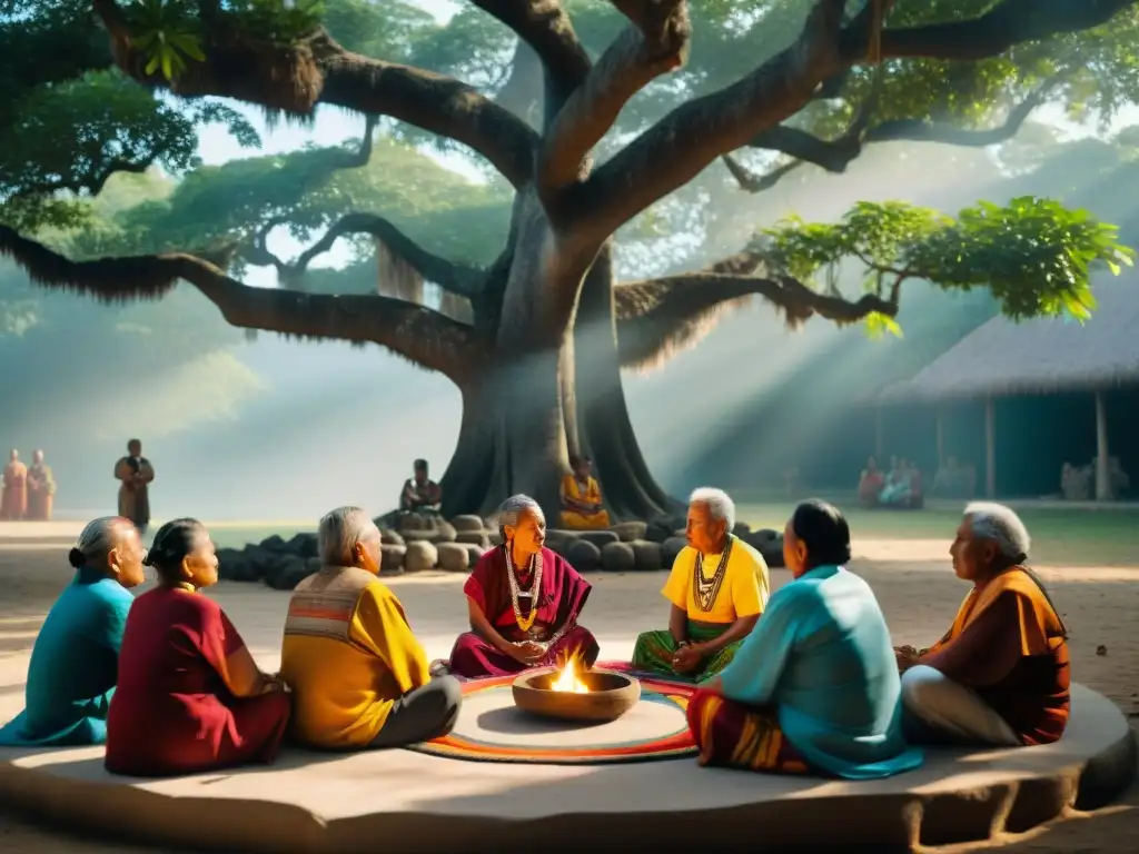 Un círculo de ancianos mayas bajo un ceiba en una ceremonia por la paz