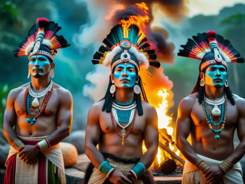 Un círculo de chamanes mayas en trajes ceremoniales alrededor del fuego en la noche de la selva