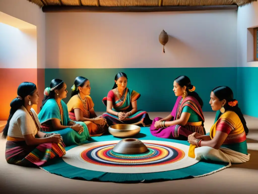 Un círculo de mujeres mayas tejiendo patrones en textiles vibrantes con técnicas tradicionales