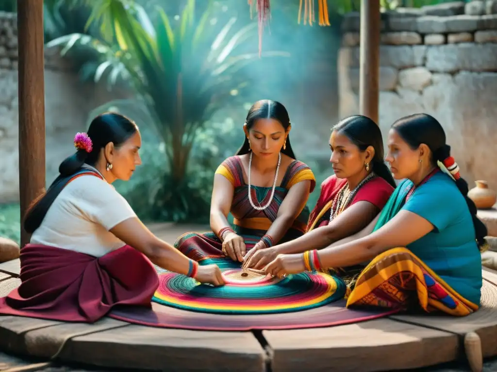 Un círculo de mujeres mayas tejiendo patrones vibrantes con fibras morales, rodeadas de colores y herramientas de tejido en un entorno rústico