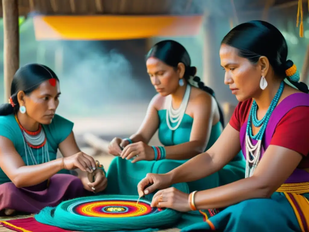 Un círculo de tejedoras mayas creando textiles vibrantes, resaltando el empoderamiento femenino en sociedad maya