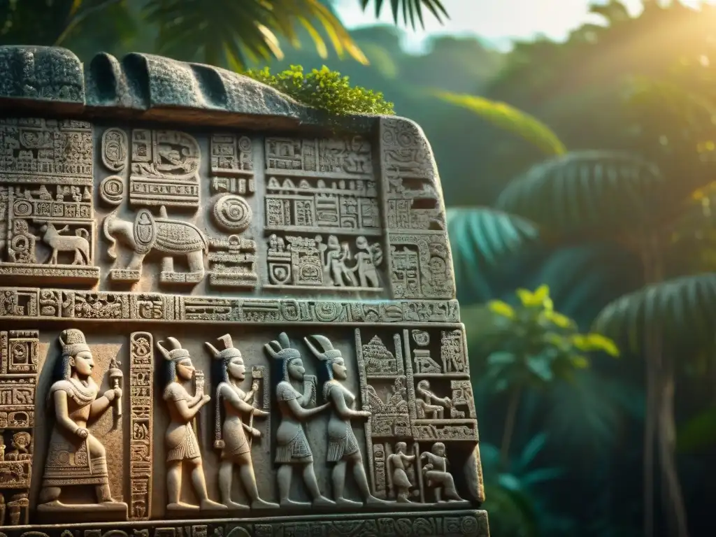 Estela maya: arte y historia en Calakmul Descubriendo la Ciudad de Calakmul: Detalles tallados en una estela maya, iluminados por la luz dorada entre la selva