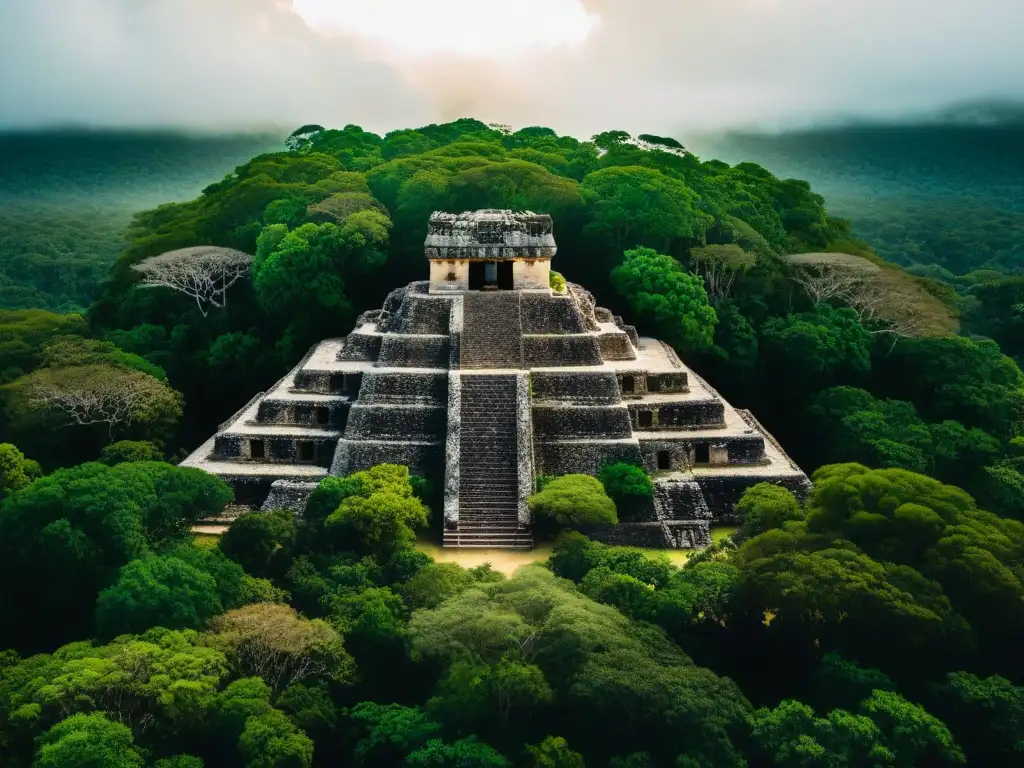 Ruinas ancestrales emergen en la densa selva de Calakmul Descubriendo la Ciudad de Calakmul: Ruinas antiguas emergen entre el denso dosel de la selva, creando una escena mística y cautivadora