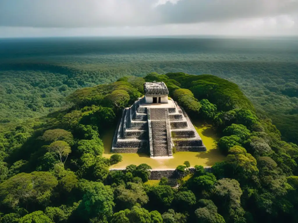 Calakmul: Vista aérea detallada de la antigua ciudad maya Descubriendo la Ciudad de Calakmul: Vista aérea detallada de la antigua ciudad maya con sus icónicas pirámides y exuberante selva