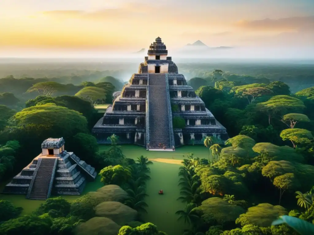 Reconstrucción 3D de ciudad maya al atardecer, con templos y pirámides detallados, arqueólogos examinando artefacto