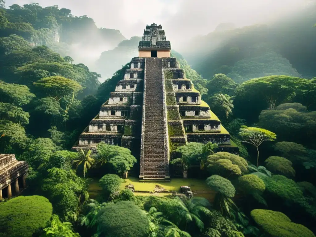 Ruinas mayas ocultas en la selva: misterio y maravilla Descubre la ciudad maya perdida entre la exuberante jungla, con templos y pirámides cubiertos de vegetación y murales coloridos