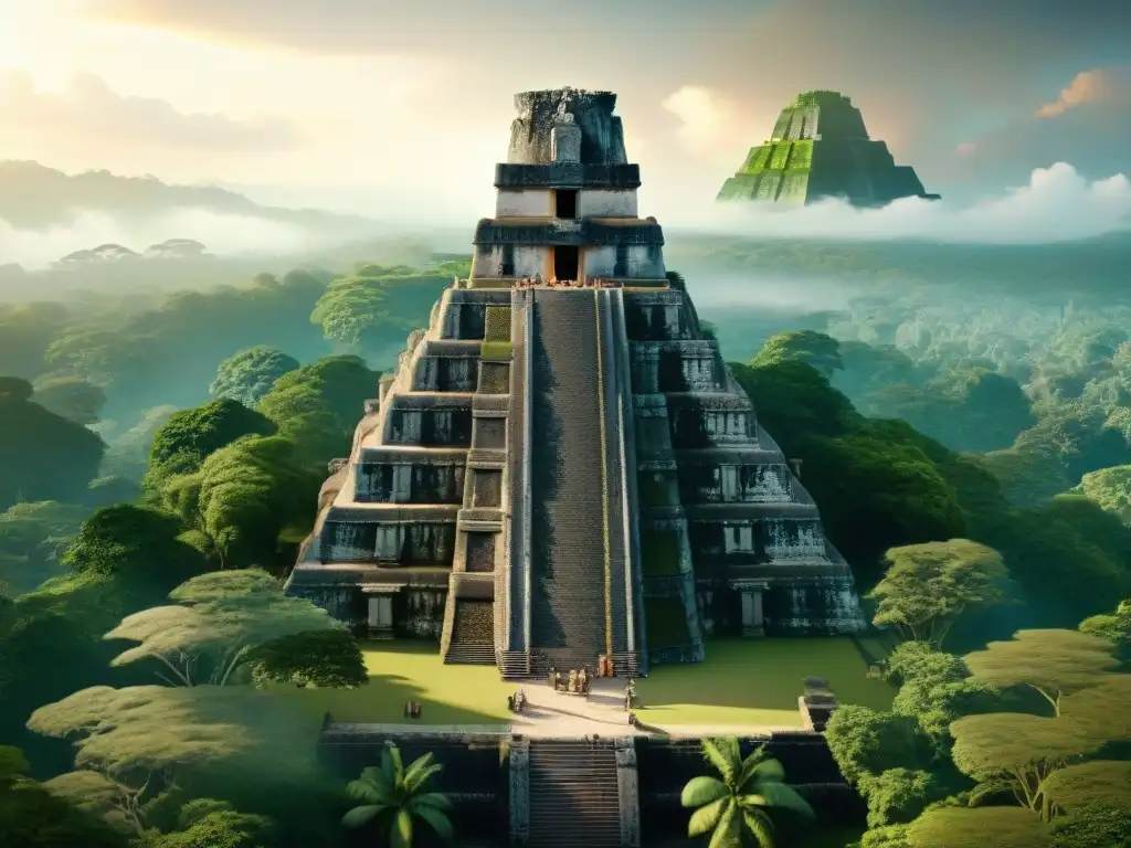 Reconstrucción 3D de la ciudad Maya de Tikal, destacando sus pirámides y selva exuberante