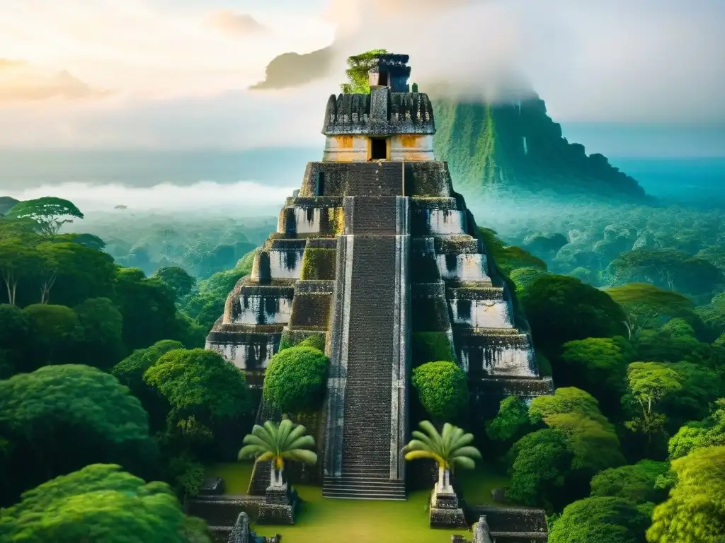 Reconstrucción 3D de Tikal, ciudad maya, con templos, estelas y jungla exuberante