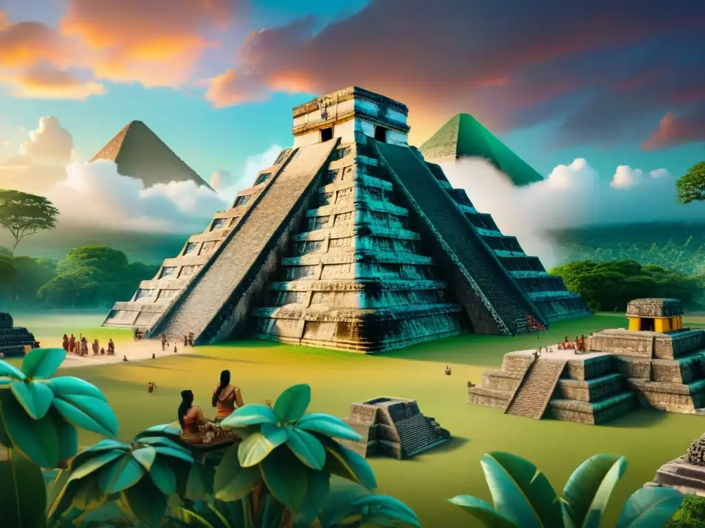 Una ciudad maya vibrante y bulliciosa en Realidad virtual civilización maya, con templos de piedra tallada, mercados y vegetación exuberante