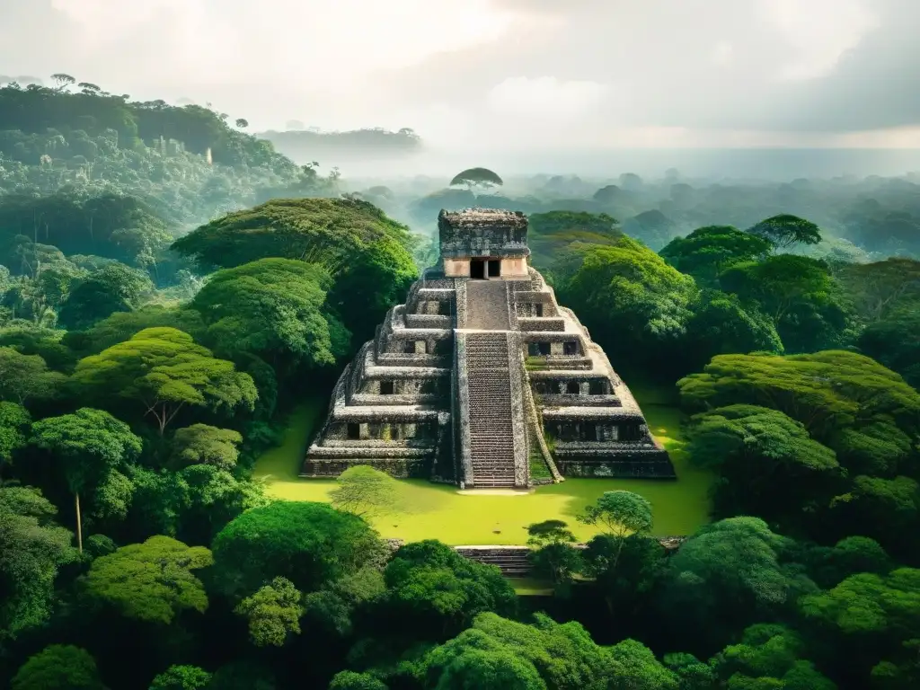 Descubre las ciudades mayas ocultas en selva: ruinas antiguas entre exuberante follaje con rayos de sol filtrándose