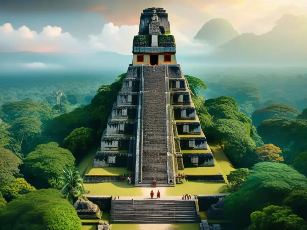 Reconstrucción 3D ciudades mayas turismo: Increíble imagen 8k de Tikal con pirámides, esculturas y jungla exuberante