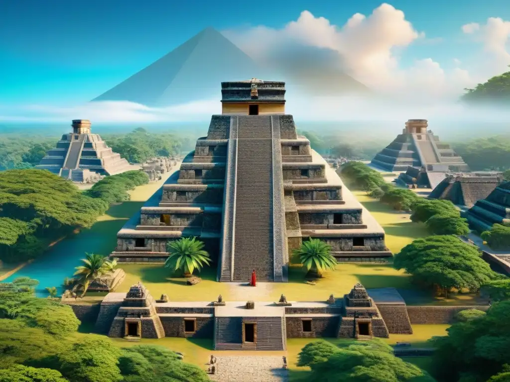 Reconstrucción 3D ciudades mayas turismo: Una vibrante ciudad Maya con templos, mercados y vegetación exuberante bajo un cielo azul