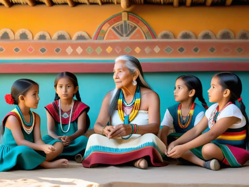 Clase de tejido ancestral Maya con la sabia tejedora rodeada de niños aprendices en una escuela al aire libre al atardecer