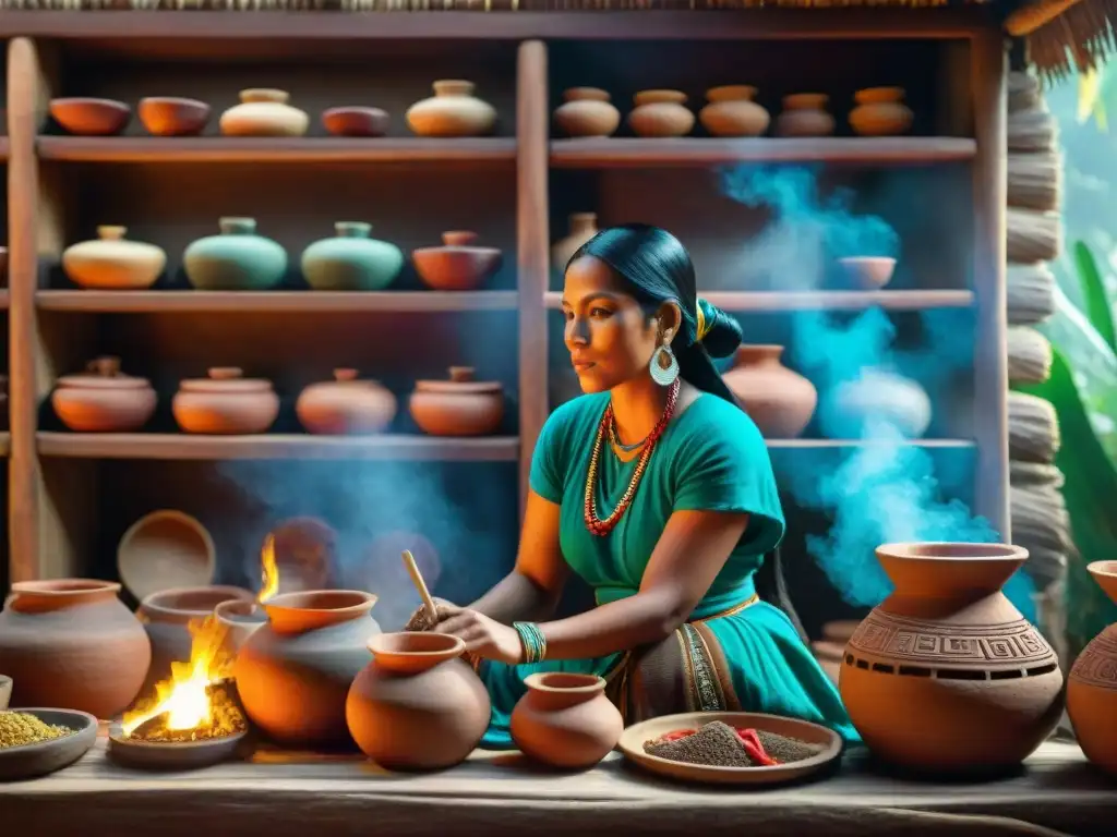 Cocina maya ancestral con ollas de barro, especias coloridas y una mujer maya preparando plato con utensilios antiguos