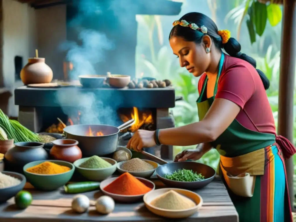 Chef maya preparando platos tradicionales con maestría en cocina ancestral Cocina maya ancestral: mujer prepara recetas mayas en cocina rústica rodeada de vegetación