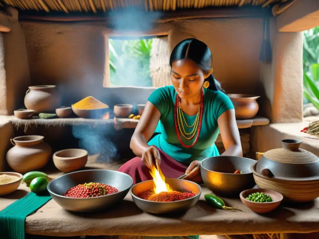 Una cocina Maya antigua con una mujer preparando comida, resaltando la dieta diaria Maya antiguo