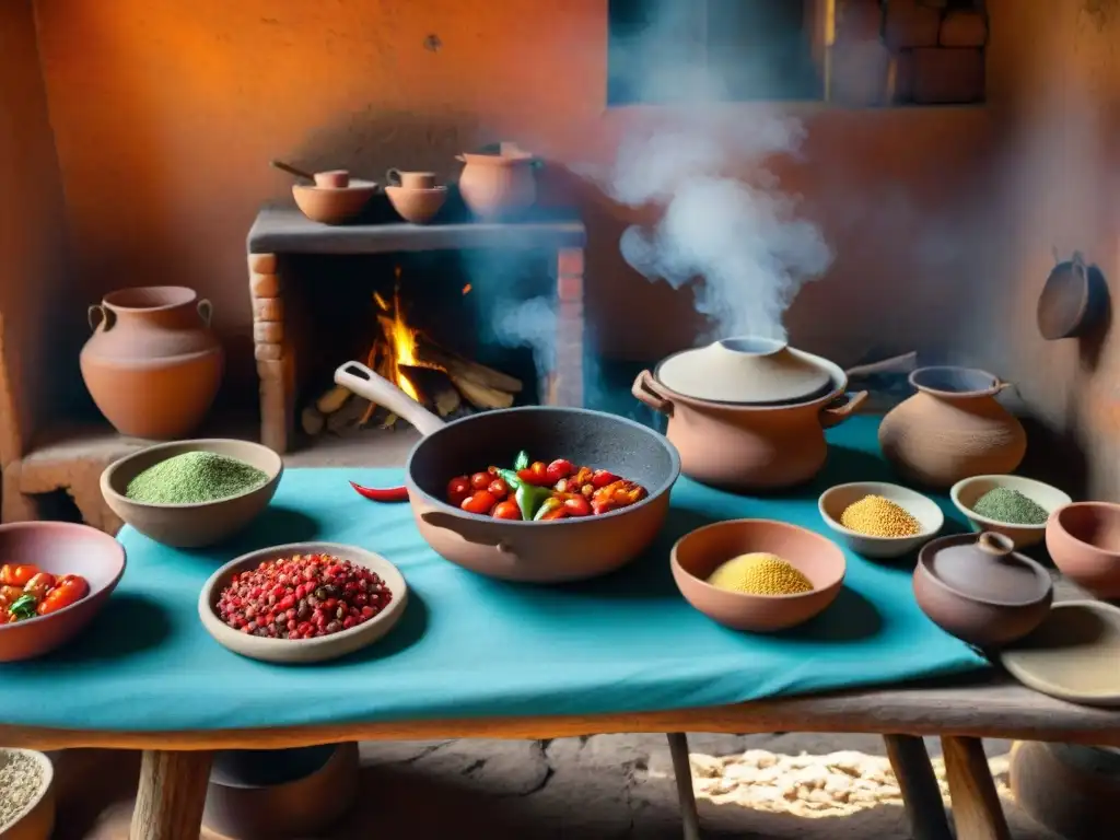 Cocina maya con ingredientes coloridos y mujer preparando masa