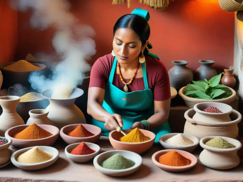 Una cocina maya tradicional con condimentos coloridos en jarrones de barro y cestas tejidas, una mujer maya vistiendo ropa tradicional muele especias en un metate, con humo aromático