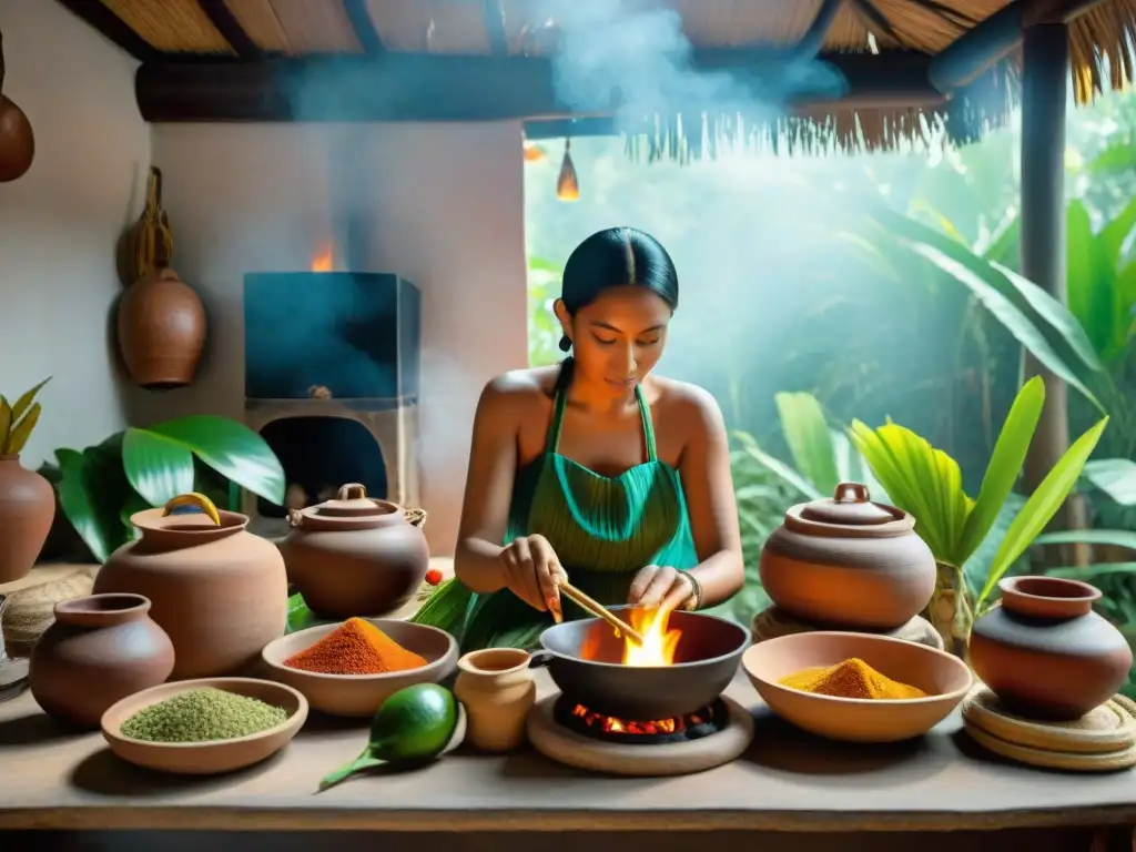 Una cocina maya tradicional con estufa de barro, especias coloridas y una mujer preparando platillos rodeada de naturaleza exuberante