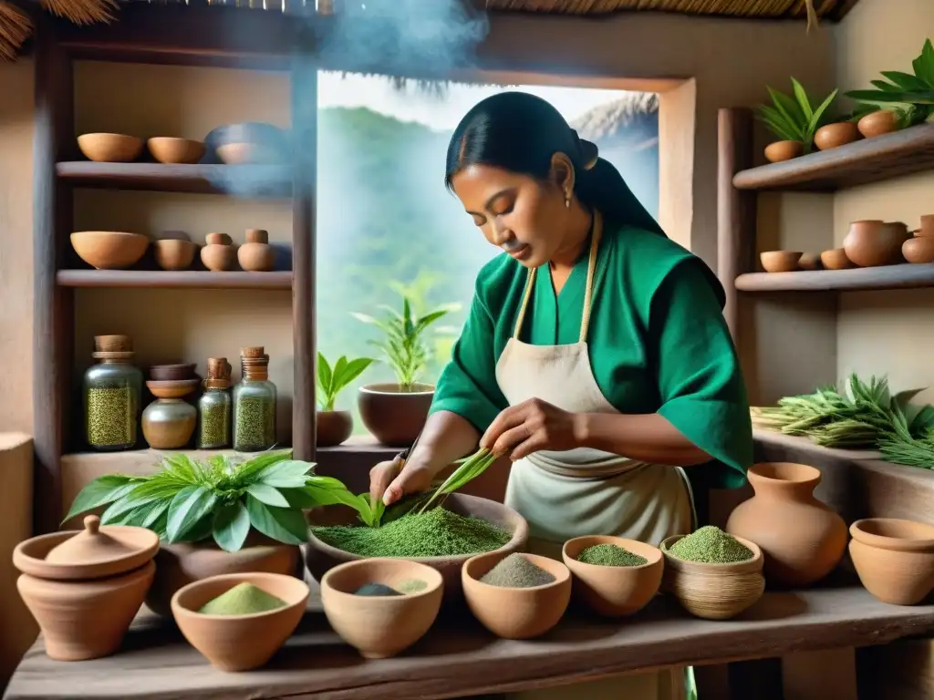 Una cocina maya tradicional con hierbas medicinales como hierbabuena y manzanilla en estantes de madera, mientras una mujer prepara remedios