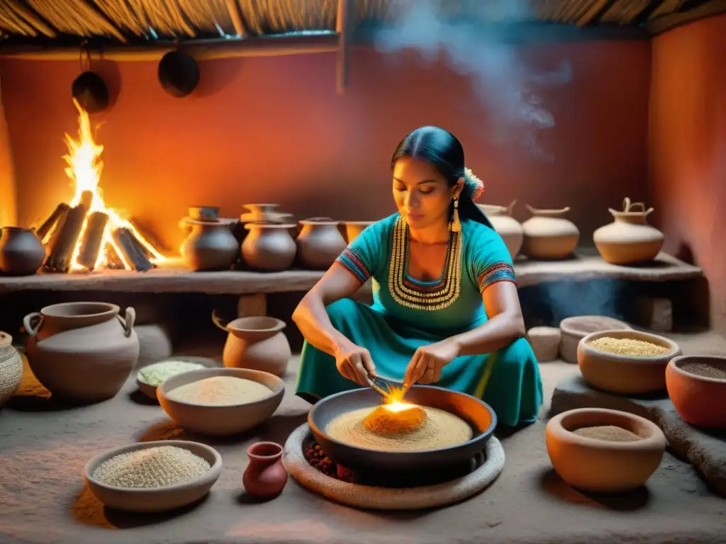 Una cocina maya tradicional iluminada por el fuego, donde una mujer prepara alimentos