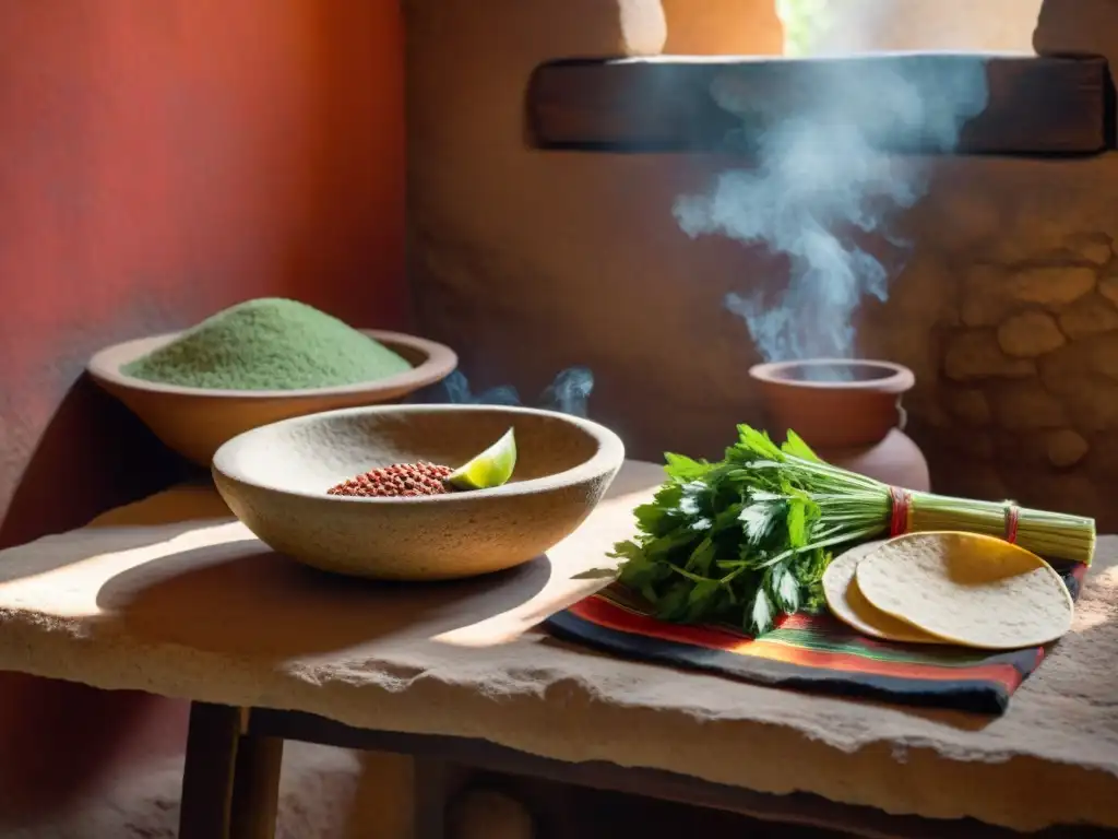 Una cocina maya tradicional iluminada por una vela, con ingredientes y herramientas antiguas