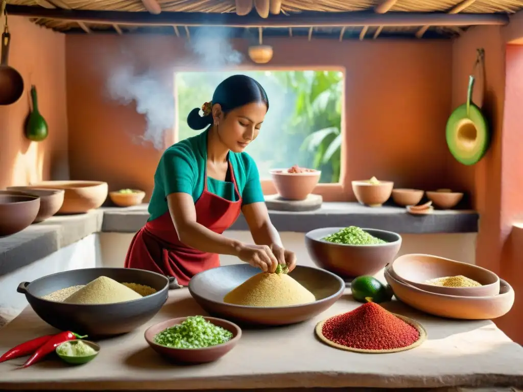 Una cocina maya tradicional con ingredientes vibrantes y una mujer preparando recetas antiguas