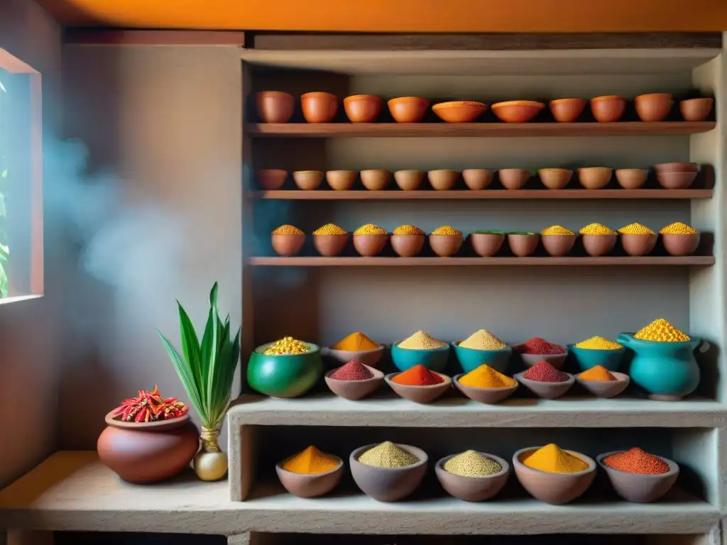 Una cocina maya tradicional con ingredientes organizados y colores vibrantes