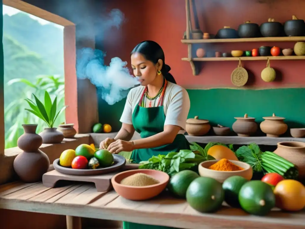 Una cocina maya tradicional llena de frutas, verduras y especias coloridas