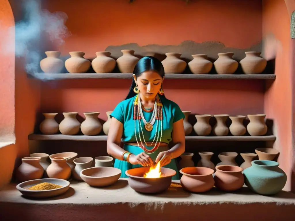 Una cocina maya tradicional llena de vida, con barrotes burbujeantes, especias coloridas y una mujer maya preparando un plato ancestral