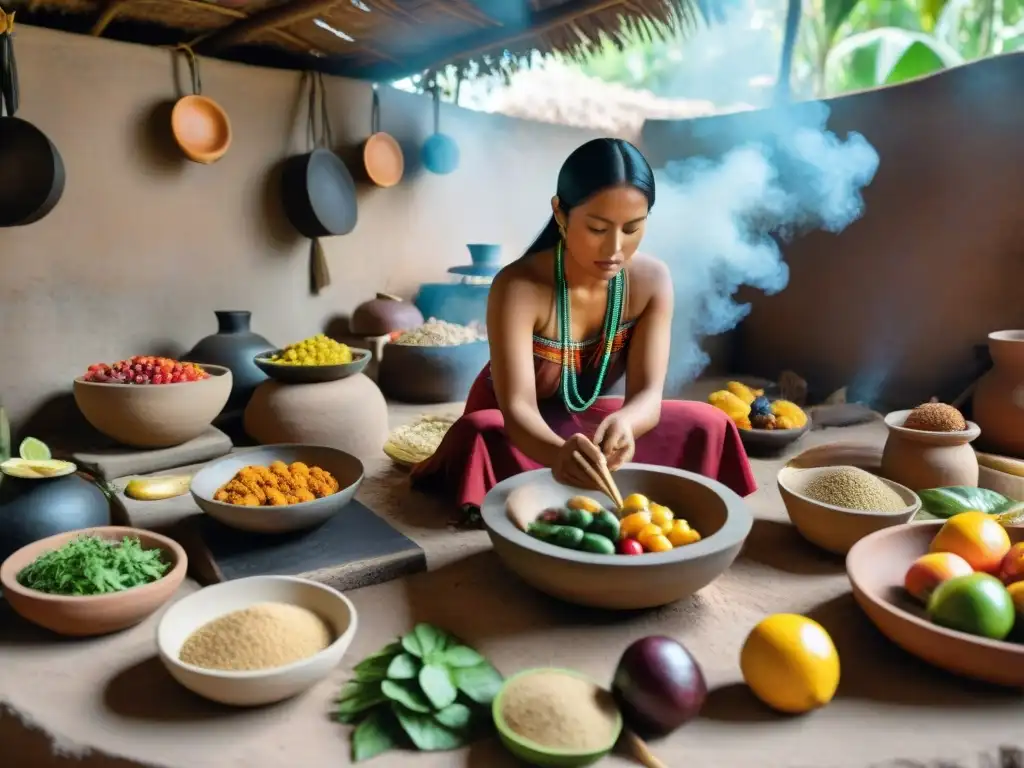 Una cocina maya tradicional llena de colores con una mujer preparando una comida saludable sobre un fogón