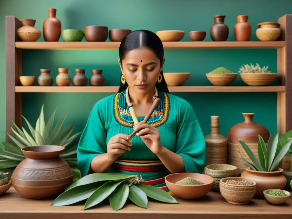 Una cocina maya tradicional llena de plantas y hierbas medicinales mayas, con una mujer maya preparando remedios