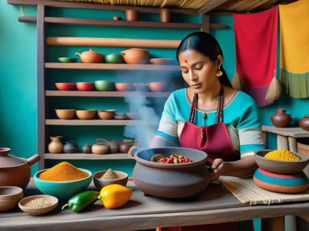 Una cocina maya tradicional con una olla de barro sobre el fuego, ingredientes autóctonos y una mujer maya preparando alimentos