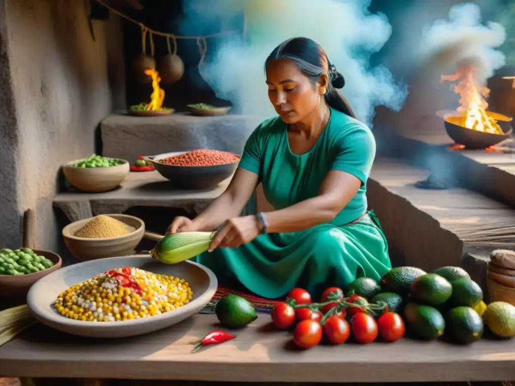 Una cocina maya tradicional rebosante de ingredientes coloridos mientras una mujer maya prepara una comida saludable sobre el fuego