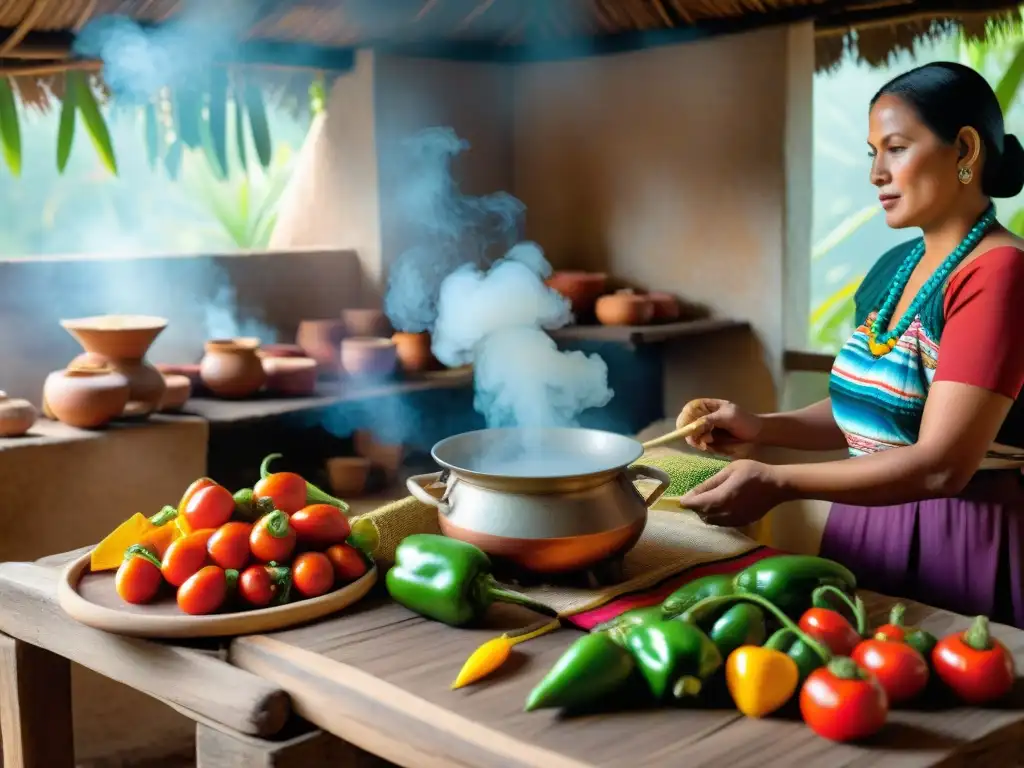 Una cocina maya tradicional con recetas tradicionales gastronomía maya, ingredientes coloridos y una mujer maya cocinando entre el humo aromático