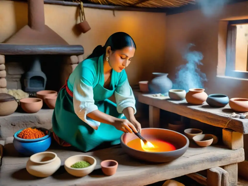 Una cocina maya tradicional con recetas tradicionales gastronomía maya, ingredientes coloridos y una mujer maya preparando comida