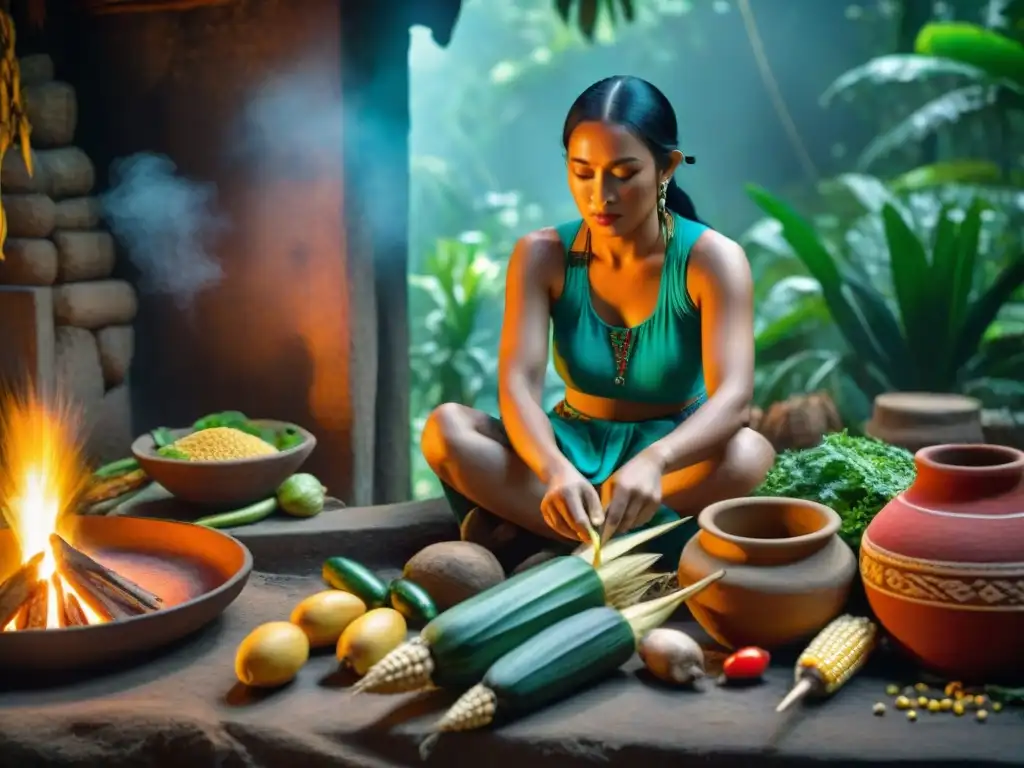 Una cocina maya tradicional con utensilios de piedra, ollas de barro, vegetales coloridos y una mujer maya cocinando sobre fuego