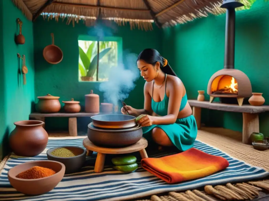 Una cocina maya tradicional con utensilios de barro, fogón, especias coloridas y una mujer preparando recetas tradicionales gastronomía maya