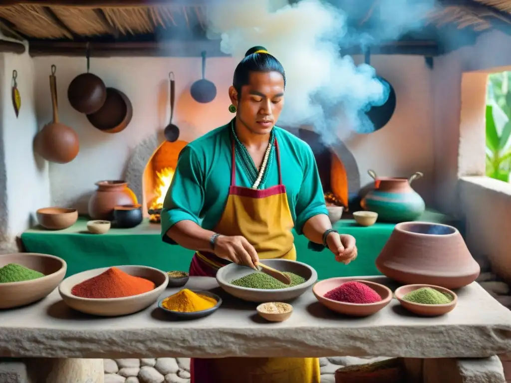 Un cocinero maya prepara carnes exóticas en una cocina tradicional, capturando la esencia de la alimentación maya