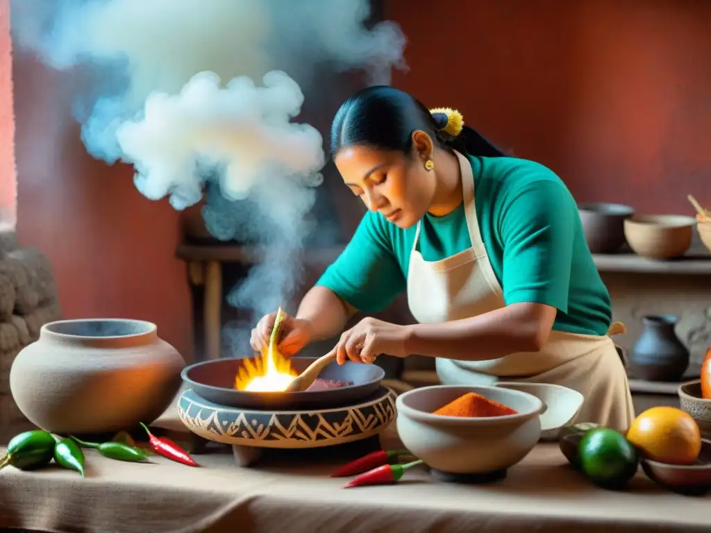 Un cocinero maya elaborando una receta tradicional con métodos ancestrales