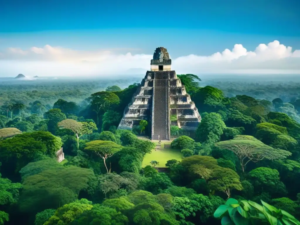 Colapso de la civilización maya: imponentes templos en Tikal entre exuberante vegetación y cielo azul